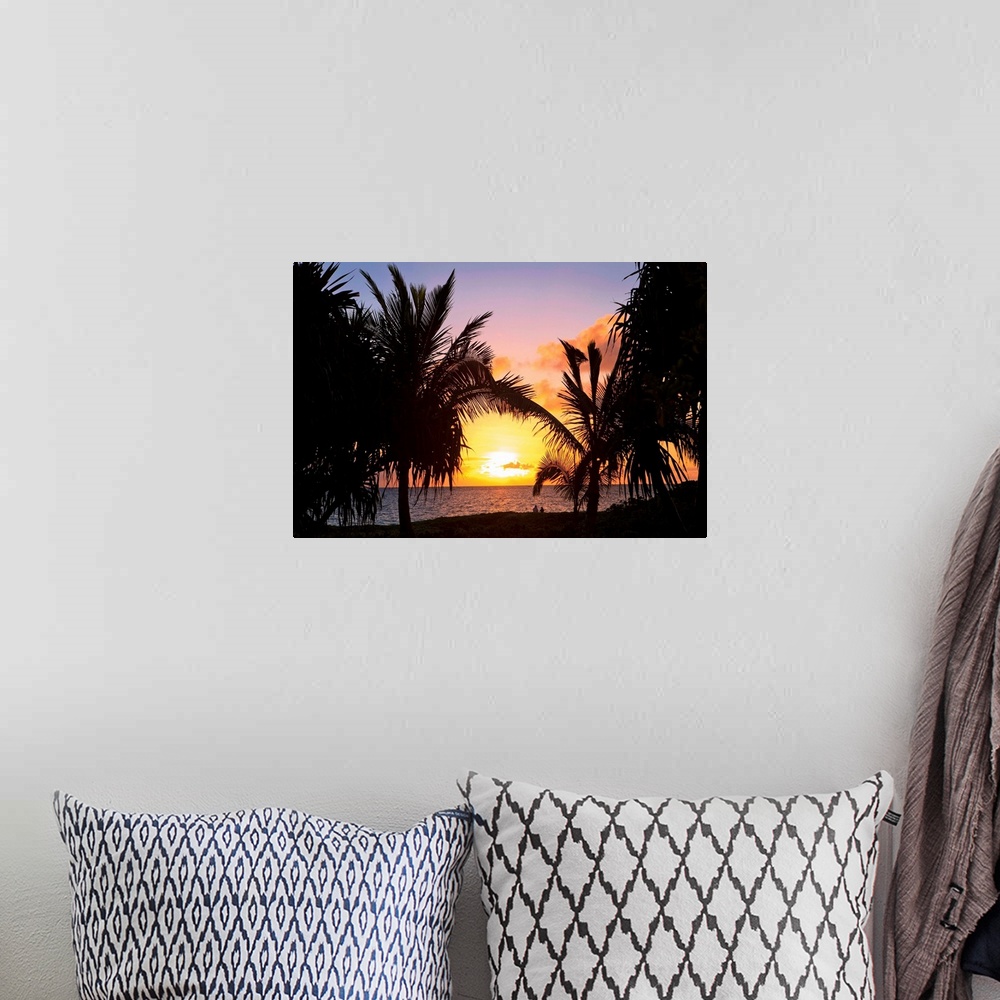 A bohemian room featuring Hawaii, Oahu, Kailua, Lanikai, Vibrant sunset with a couple on beach