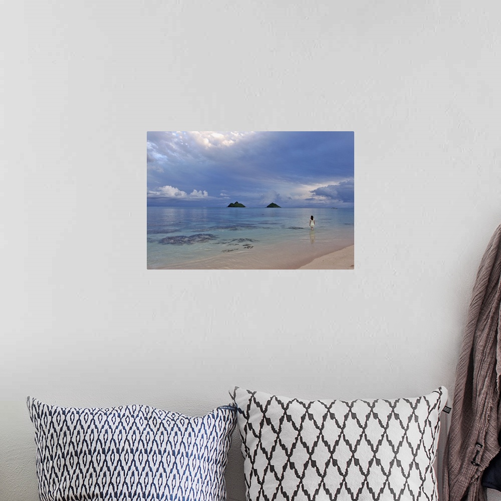 A bohemian room featuring Hawaii, Oahu, Lanikai, A Woman Wades In The Water At The Beach