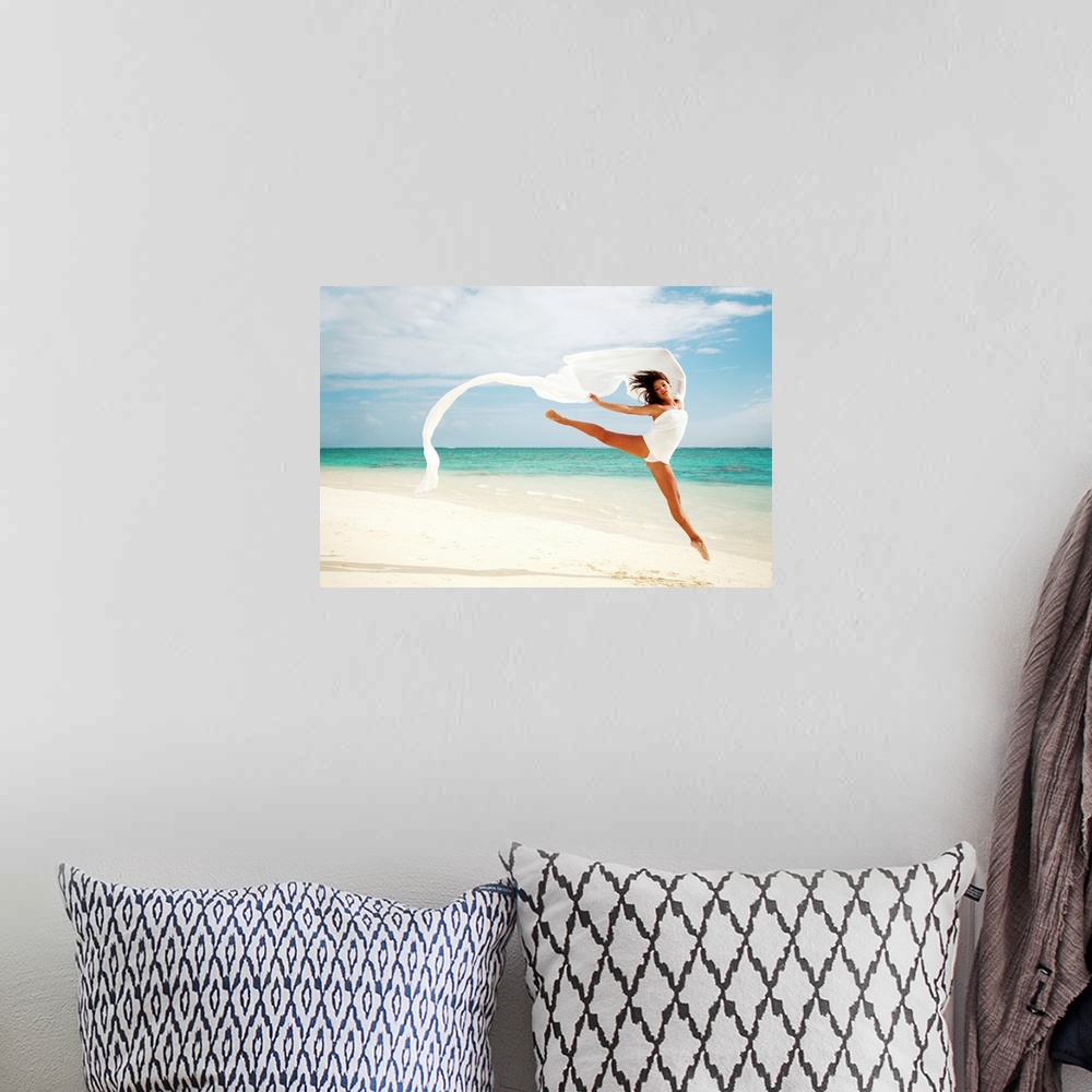 A bohemian room featuring Hawaii, Oahu, Lanikai Beach, Ballet Dancer Leaping Into Air With White Flowing Fabric
