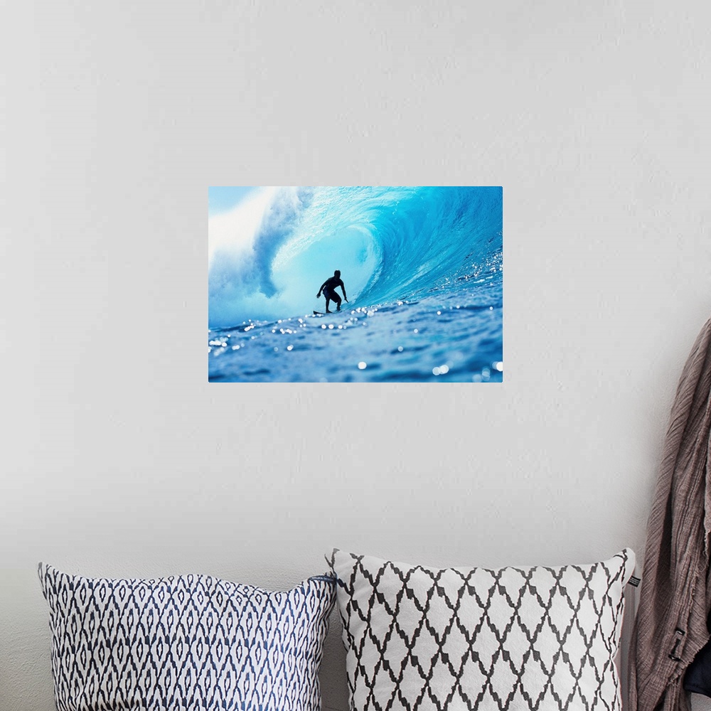 A bohemian room featuring Hawaii, Oahu, North Shore, Silhouette Of Surfer In Pipeline