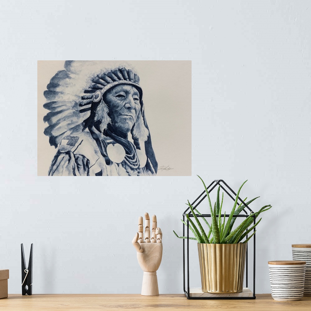 A bohemian room featuring Monochromatic watercolor of aboriginal elder with headdress.