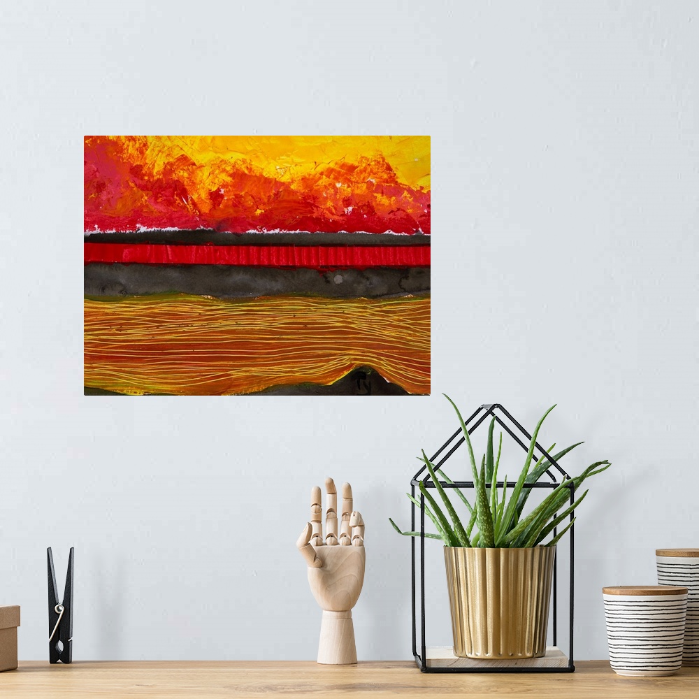 A bohemian room featuring Painting of a colourful sunset reflected in water and the horizon.