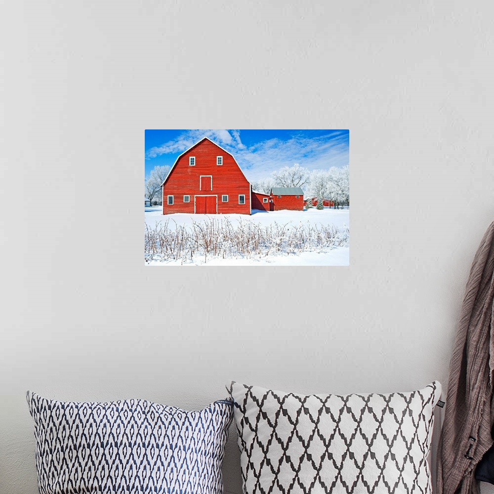 A bohemian room featuring Red Barn, Winter, Grande Pointe, Manitoba, Canada