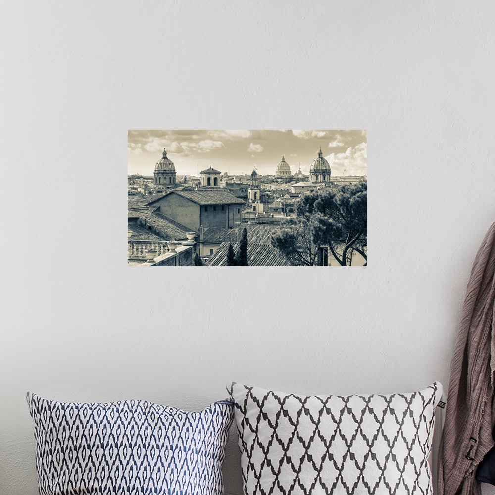 A bohemian room featuring Rome, Italy. Rooftops and domes. In the far distance is St. Peter's. The historic centre of Rome ...