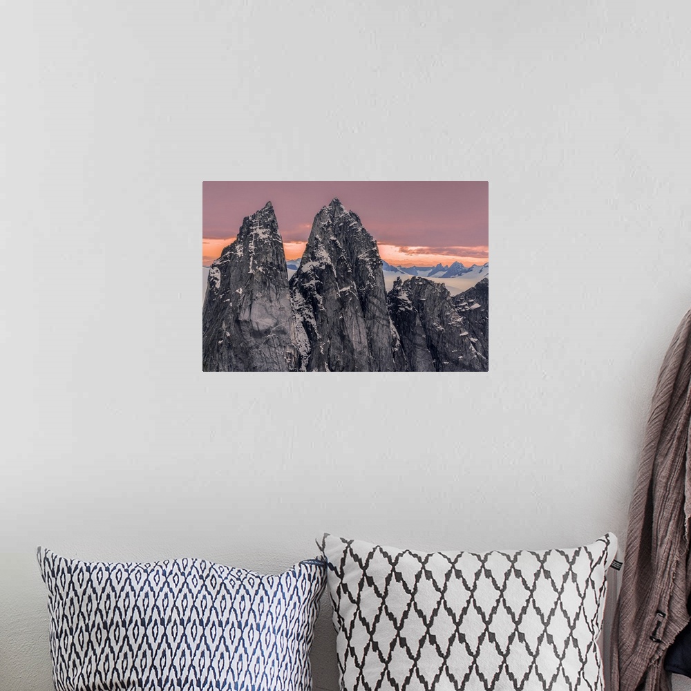A bohemian room featuring Rugged peaks and snow-covered glaciers at sunset, Juneau Icefield, Tongass National Forest; Alask...