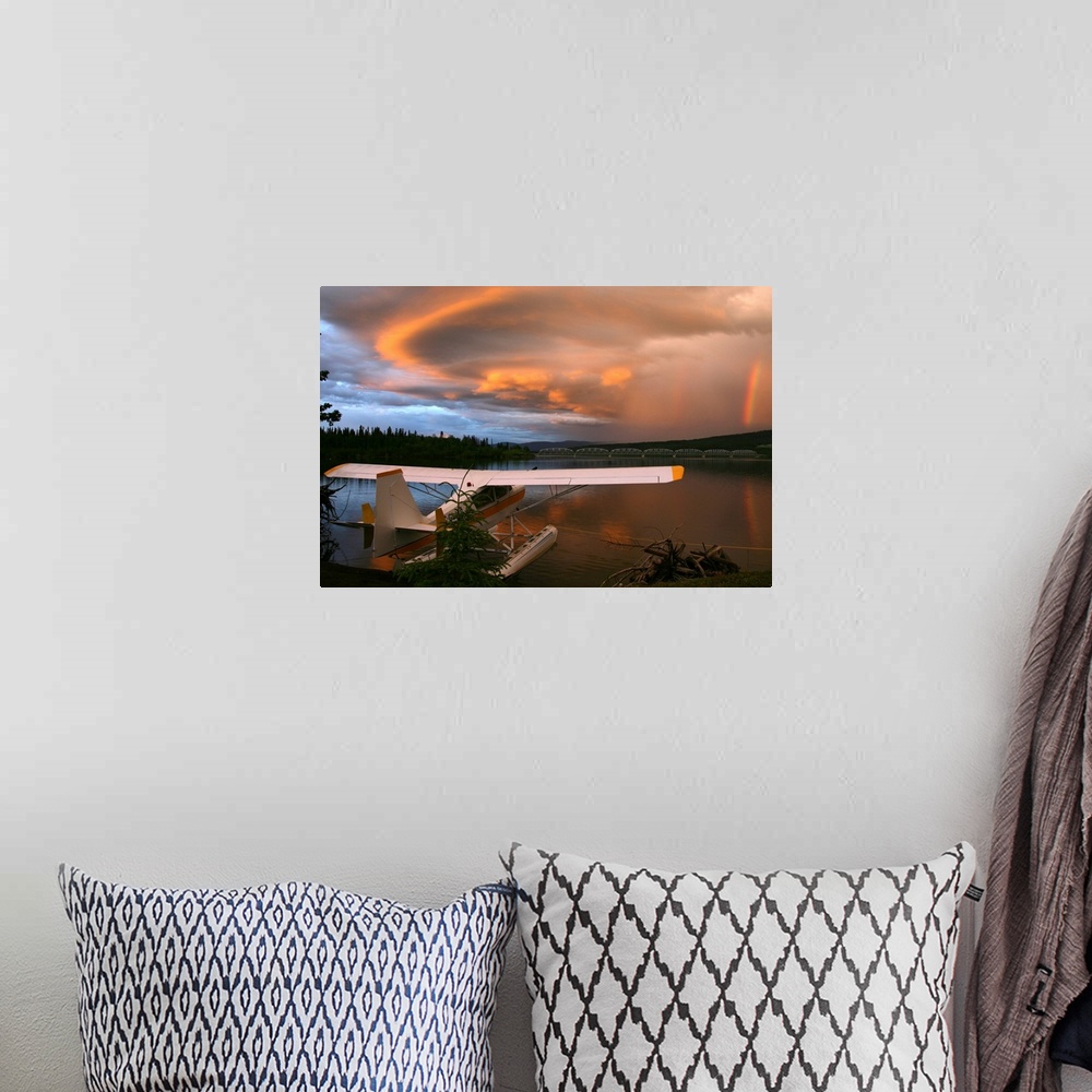 A bohemian room featuring Sunlit Storm Clouds Over A Float Plane, Teslin Lake, Yukon, Canada