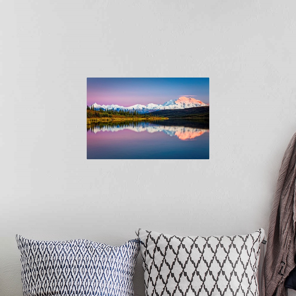 A bohemian room featuring Sunset glow on Mount Denali (McKinley) reflects on Wonder Lake with pastel sky, Denali National P...