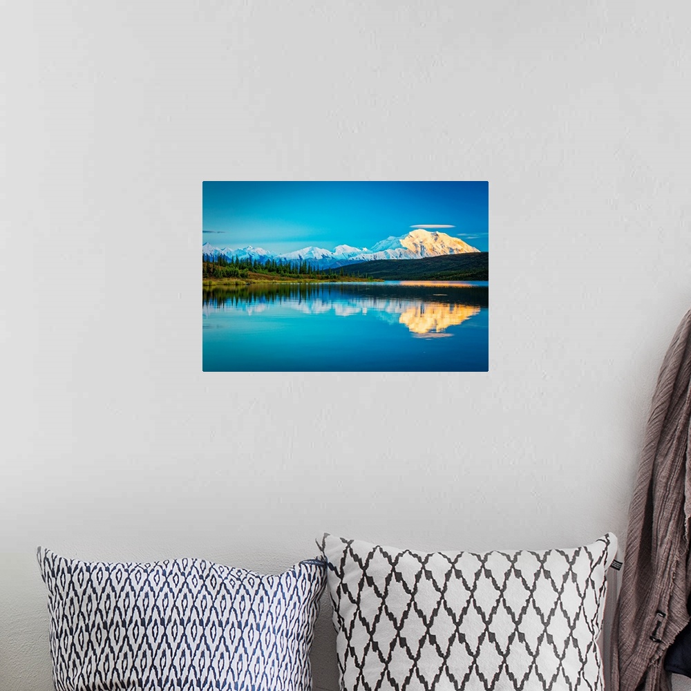 A bohemian room featuring Sunset glow on Mount Denali (McKinley) reflects on Wonder Lake in autumn in Denali National Park ...