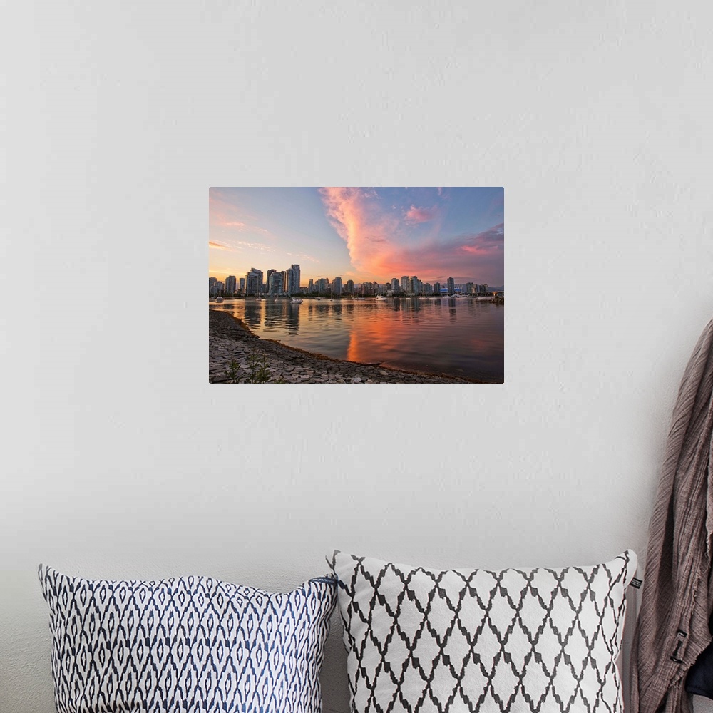 A bohemian room featuring Sunset Over False Creek And City Skyline, Vancouver, British Columbia, Canada