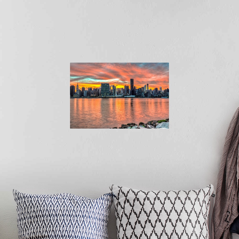 A bohemian room featuring Sunset over Manhattan, Gantry Plaza, Long Island City, New York