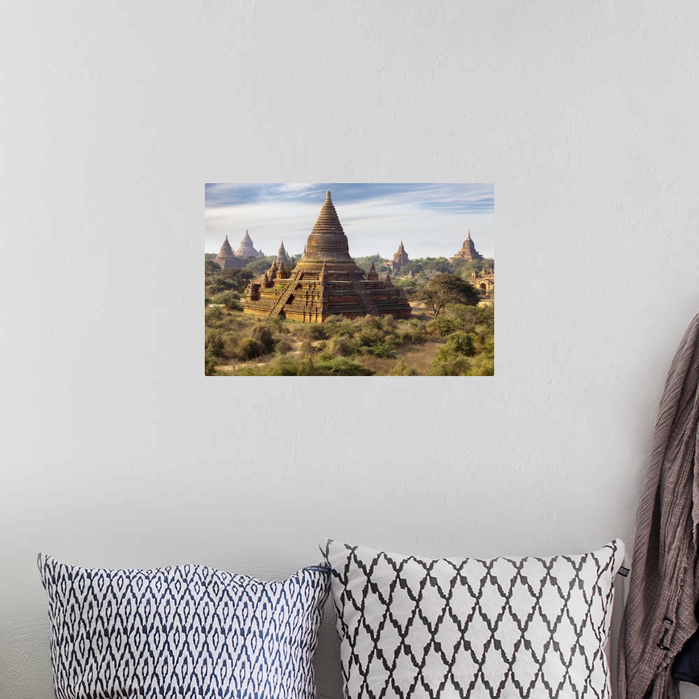 A bohemian room featuring The Temples and Pagodas of Bagan in Myanmar in early morning.