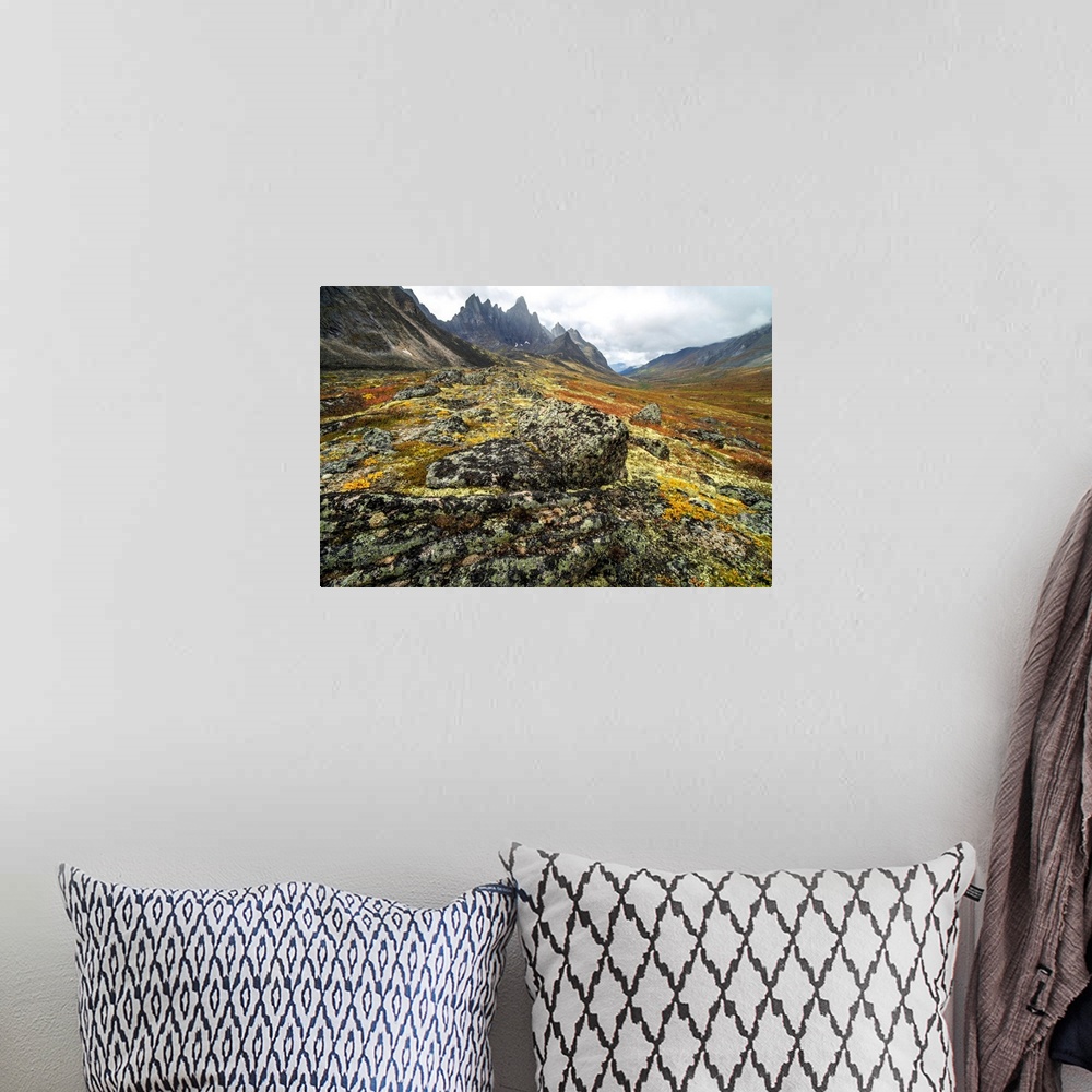 A bohemian room featuring The Tombstone Valley in autumn colours with Tombstone Mountain rising above the tundra in Tombsto...