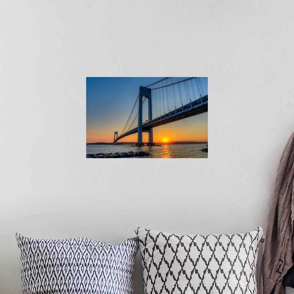 A bohemian room featuring Verrazano-Narrows Bridge at sunset, Brooklyn, New York City, New York