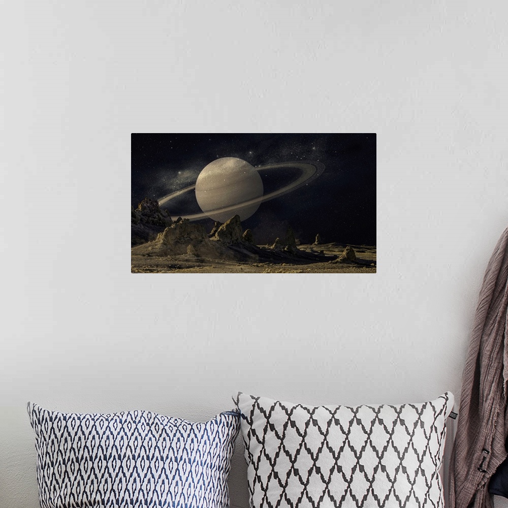 A bohemian room featuring View of Saturn from the surface of mars, a composite image.