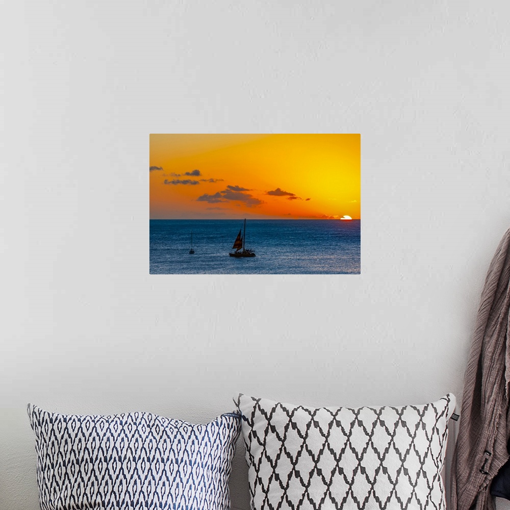 A bohemian room featuring Sunset over the ocean with sailboats off Waikiki Beach; Honolulu, Oahu, Hawaii, United States of ...