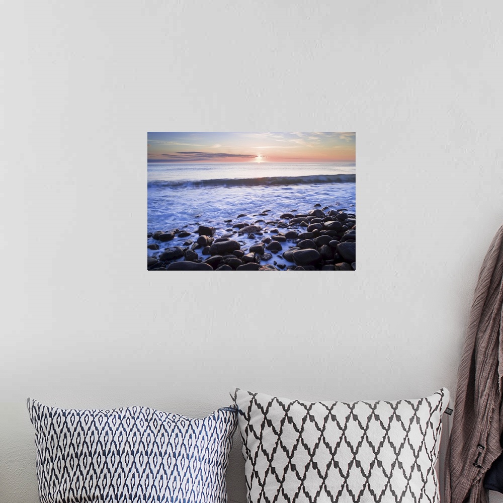 A bohemian room featuring Waves Breaking on Rocky Shore at Dawn, Near Dunstanburgh Castle, Northumberland, England