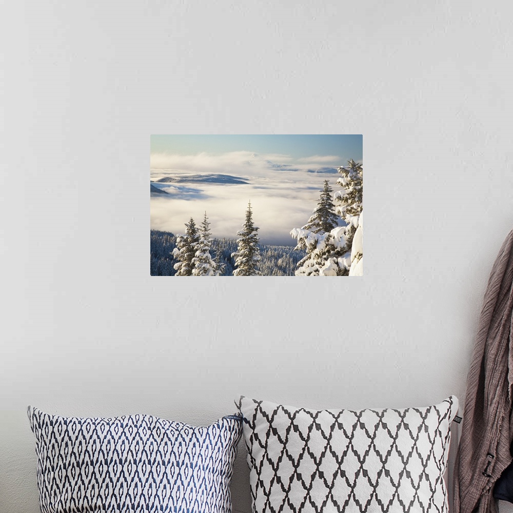 A bohemian room featuring Winter Landscape With Clouds And Snow-Covered Trees; Oregon