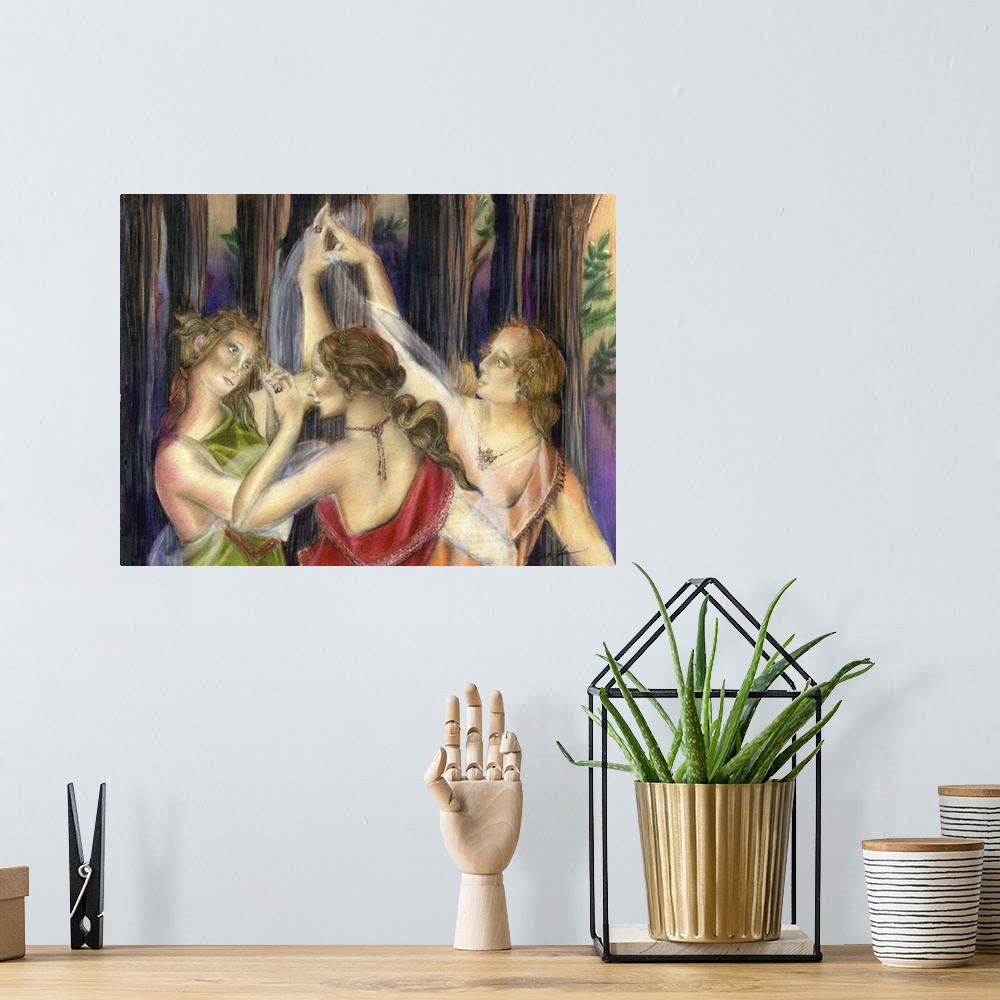 A bohemian room featuring Horizontal painting of three women dancing in a circle in the woods.