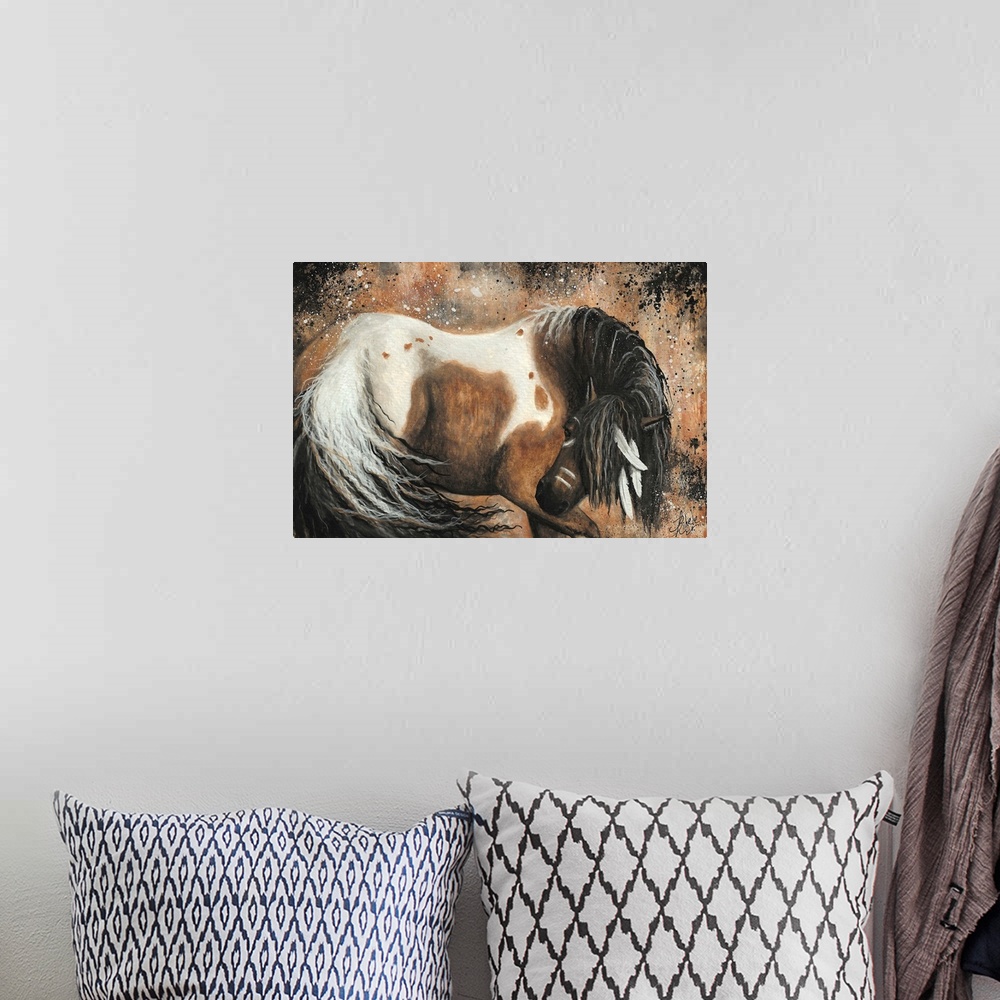 A bohemian room featuring Majestic Series of Native American inspired horse paintings of a mustage.