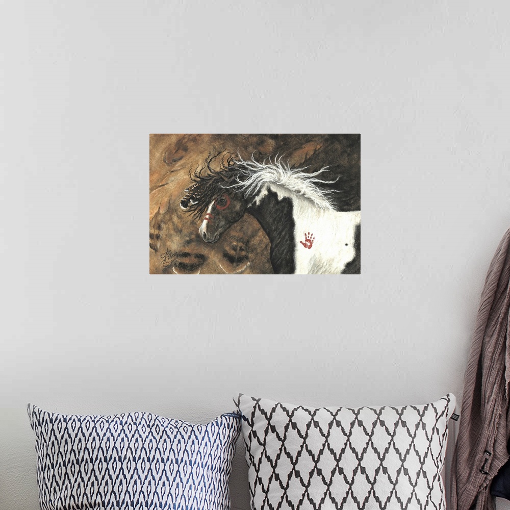 A bohemian room featuring Majestic Series of Native American inspired horse paintings of a Nagi Curly stallion.