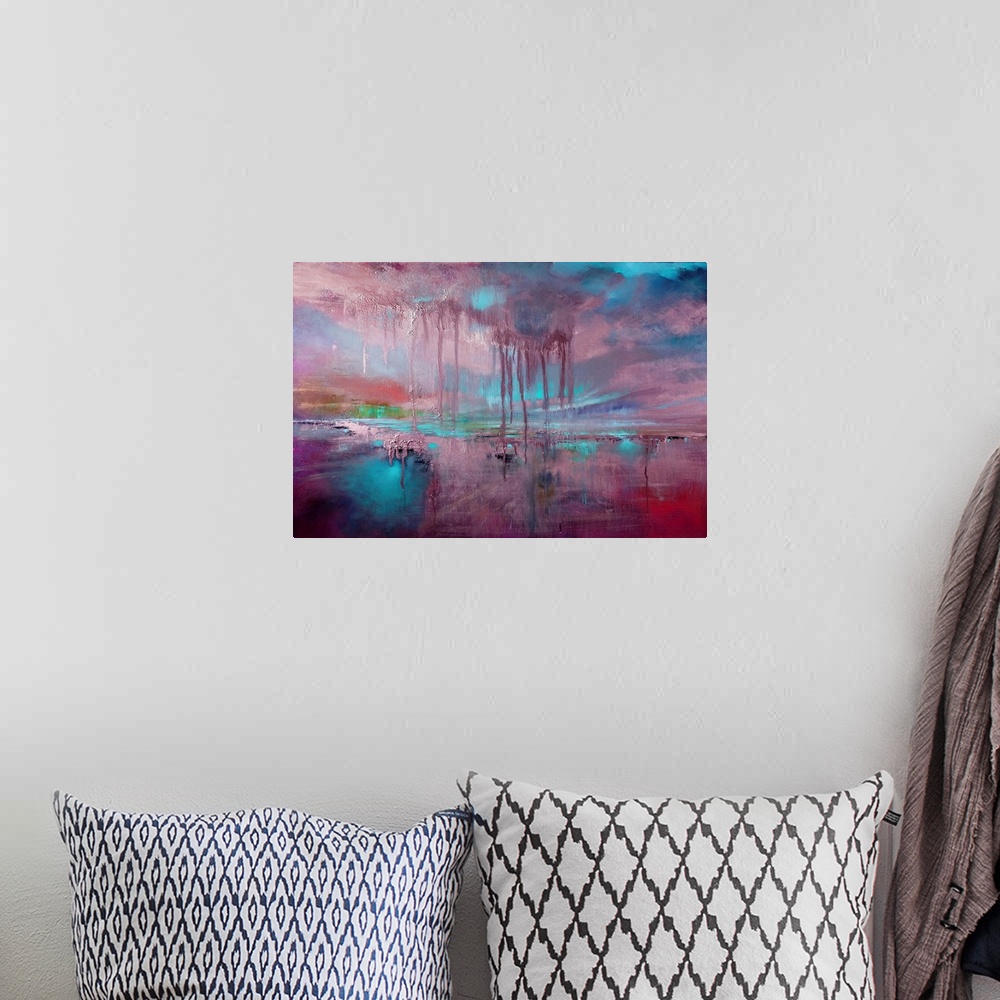 A bohemian room featuring Abstract painted landscape with vivid structures. Wide horizon, clouds, bright light, intense blu...