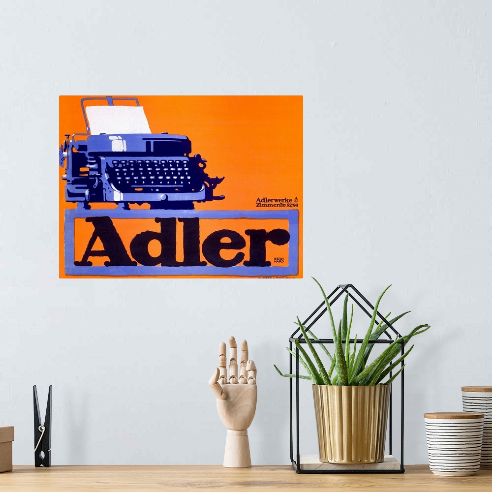 A bohemian room featuring Classic advertisement for Adler Typewriters featuring a typewriter sitting on top of the company ...