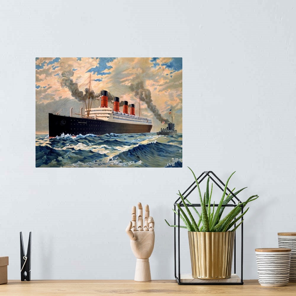 A bohemian room featuring Cunard Auqatania Oceanline Aquitania Vintage Advertising Poster