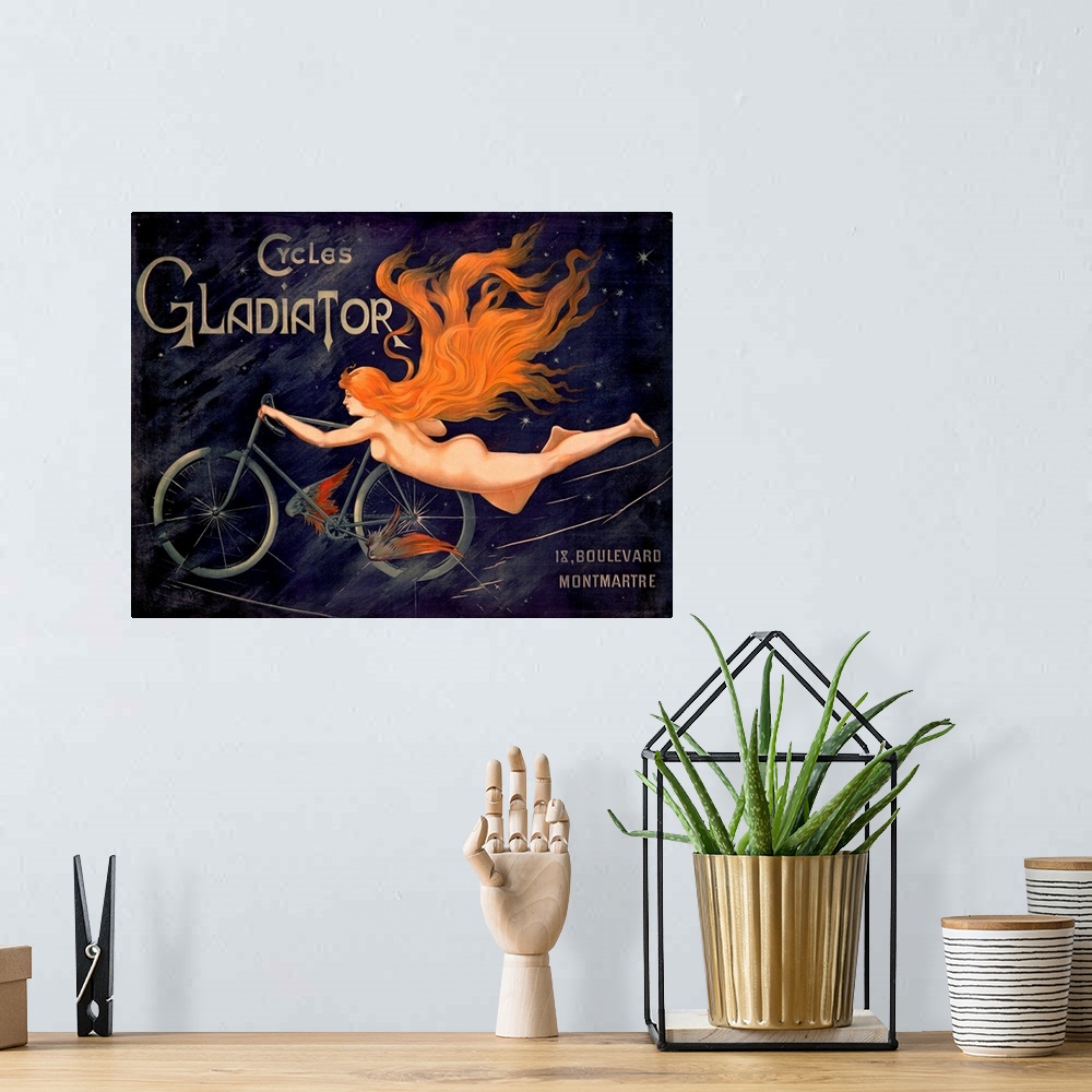 A bohemian room featuring Big, horizontal, vintage wall art advertisement for Cycles Gladiator of a nude woman with long, r...