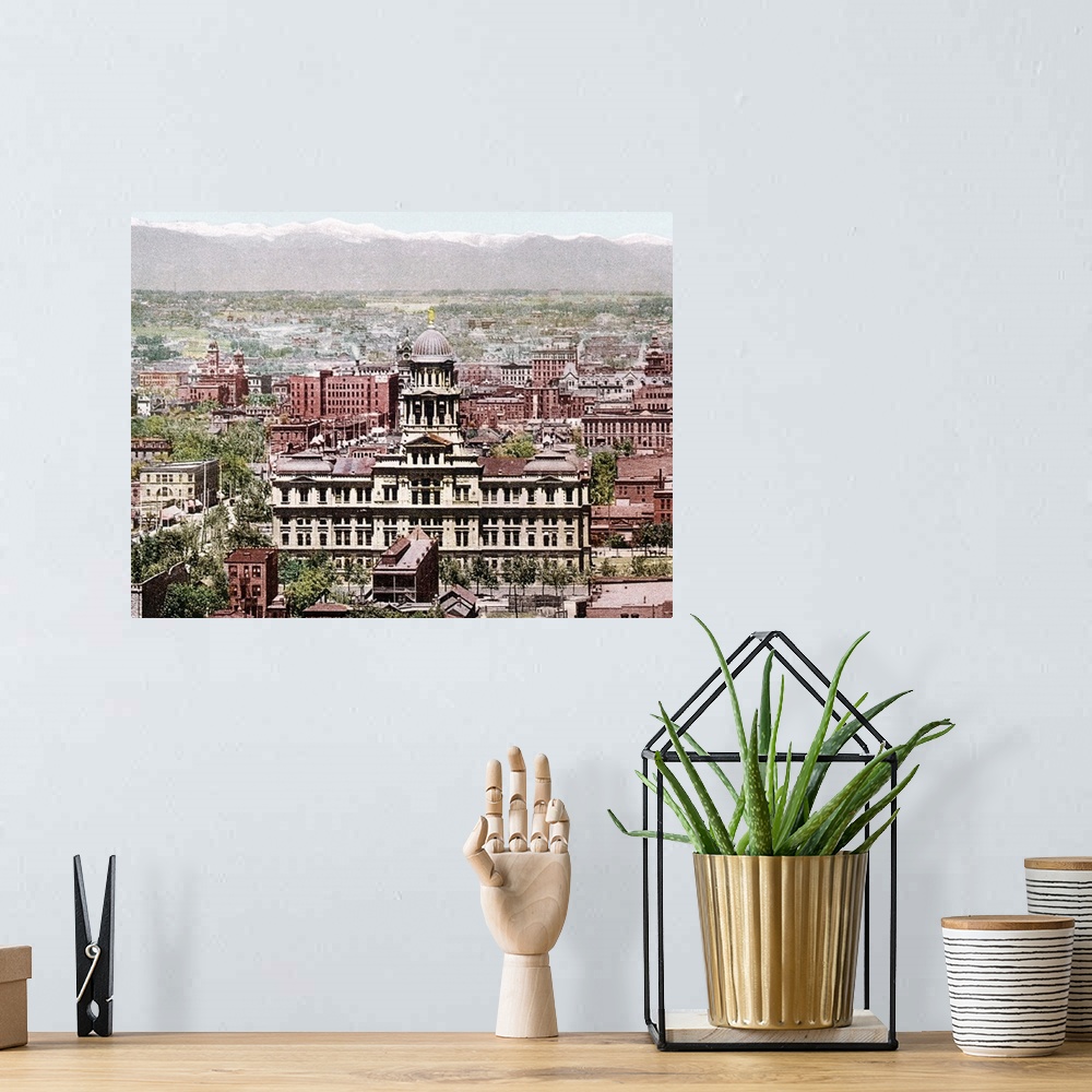 A bohemian room featuring Retro photograph on canvas of the cityscape of Denver.