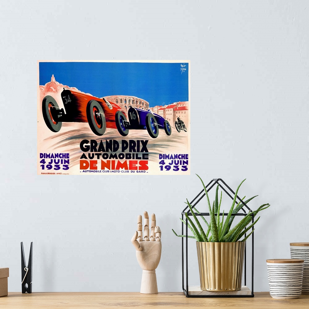 A bohemian room featuring Grand Prix, de Nimes, 1932, Vintage Poster