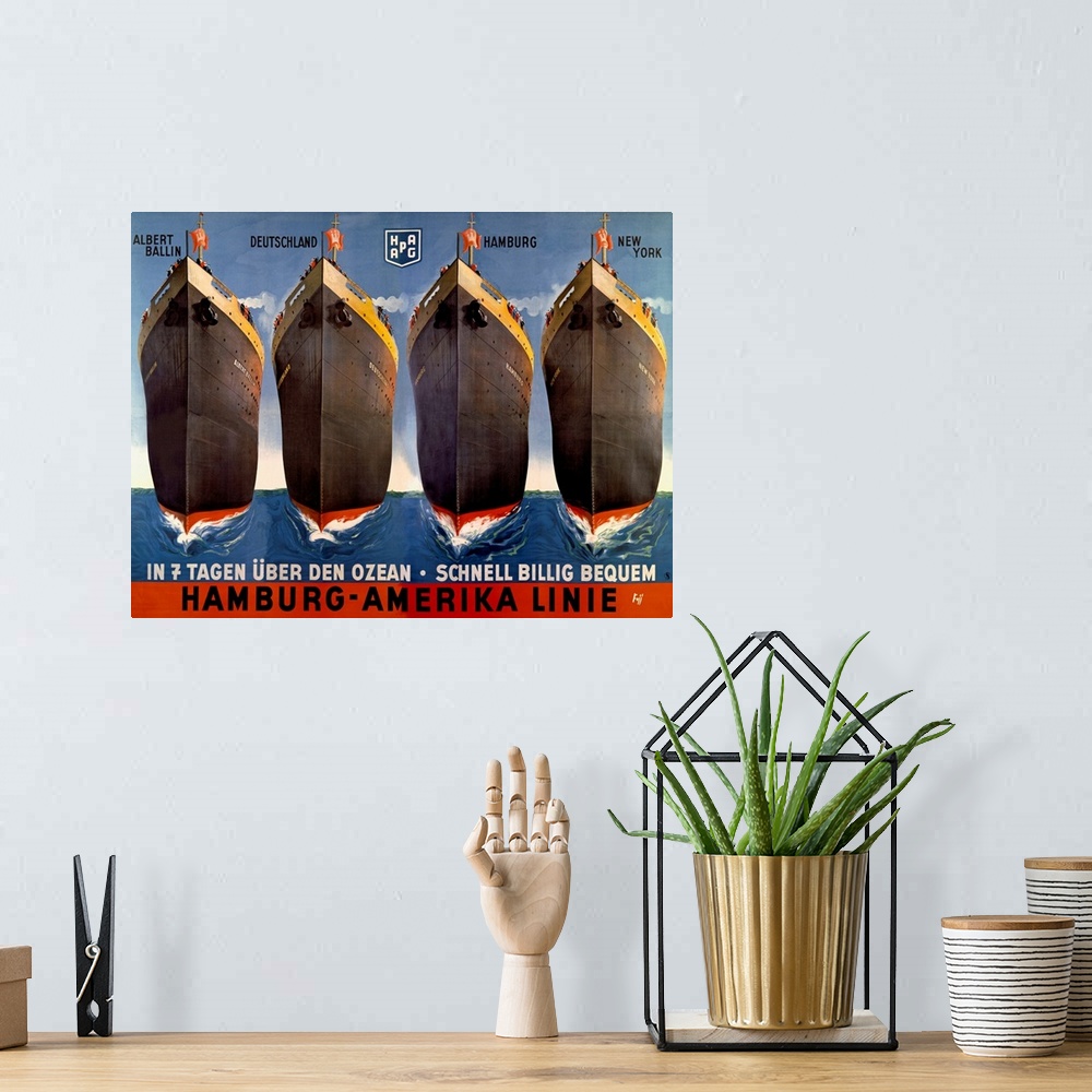 A bohemian room featuring Vintage poster advertising ships.  There are four images of ships with the text "Alber Ballin, De...
