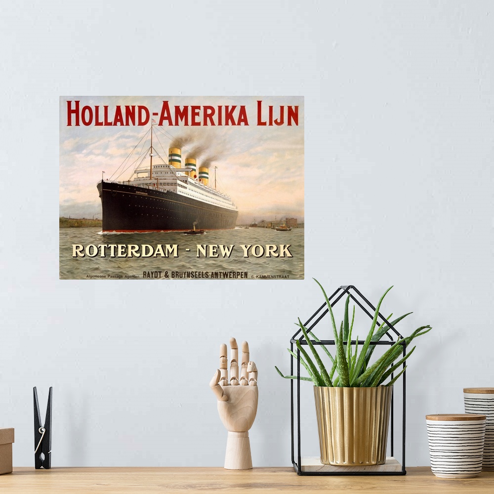 A bohemian room featuring Advertisement for travel by ship from Netherlands to the United States. The ocean liner has three...