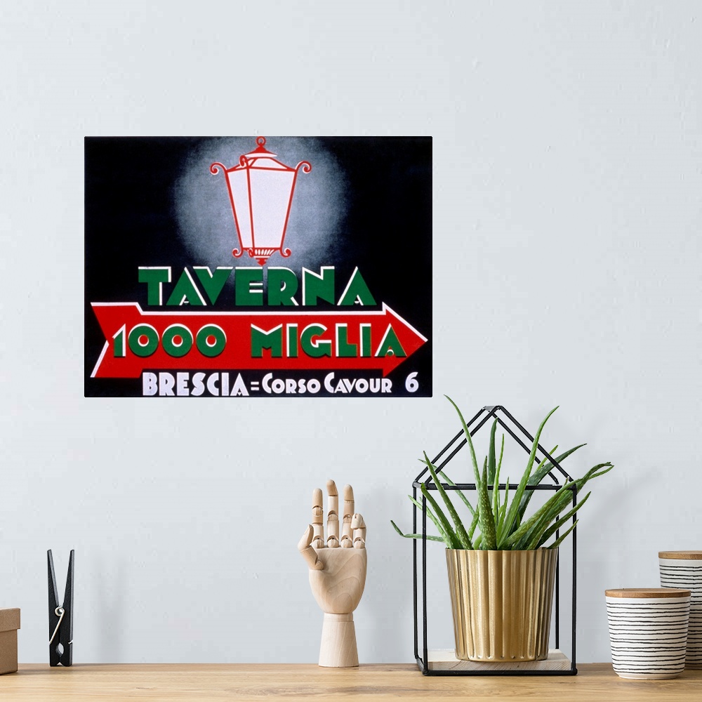 A bohemian room featuring Vintage sign poster advertising an Italian Tavern with a street lamp and arrow.