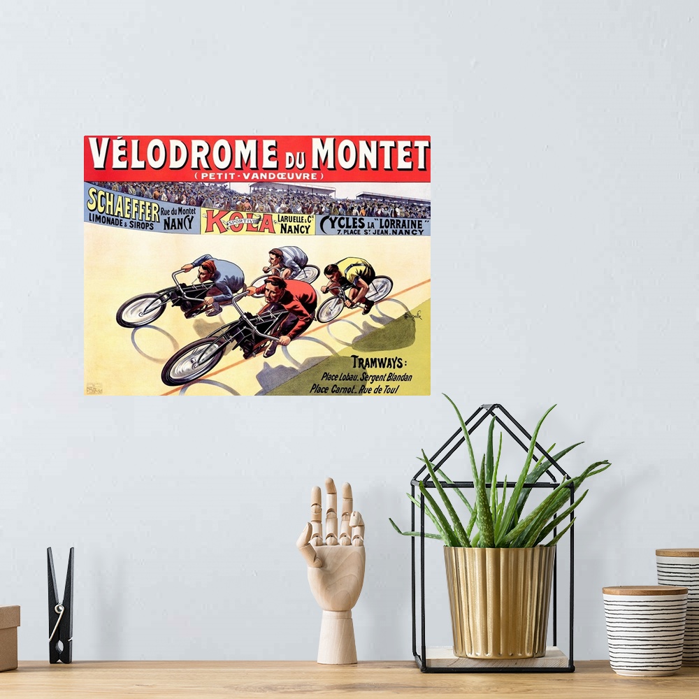A bohemian room featuring Old advertising poster with cyclists on vintage bikes circling a raceway lined with stands full o...