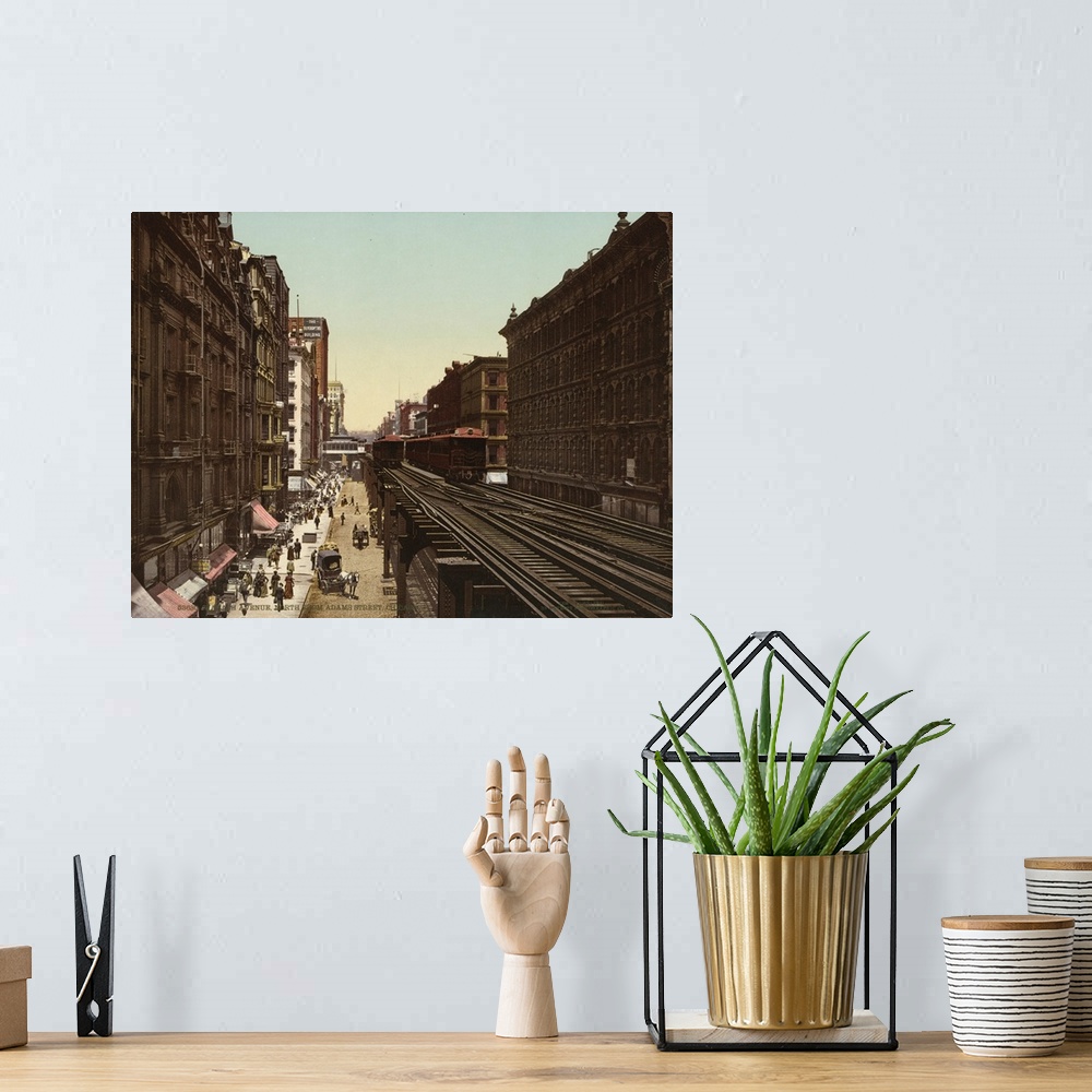 A bohemian room featuring Hand colored photograph of Wabash Avenue north from Adams Street, Chicago.