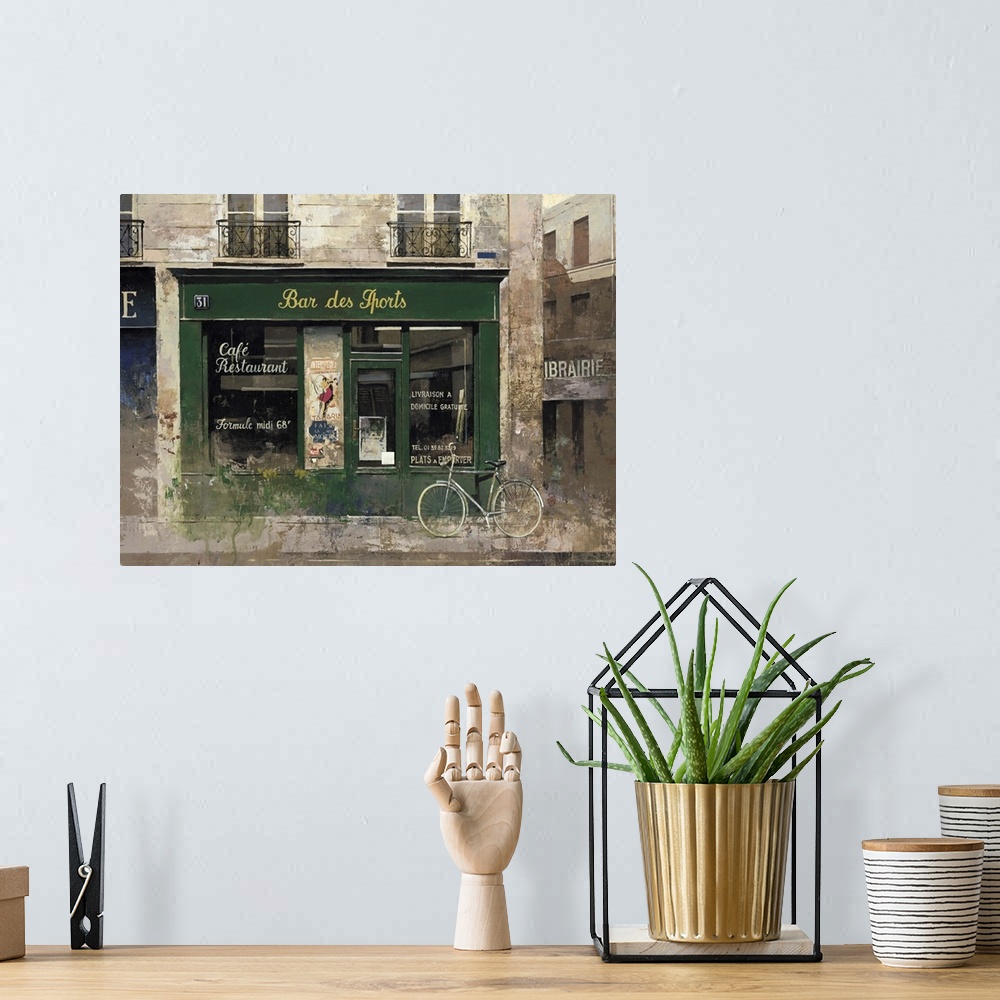 A bohemian room featuring Contemporary painting of a bar storefront downtown in a city.