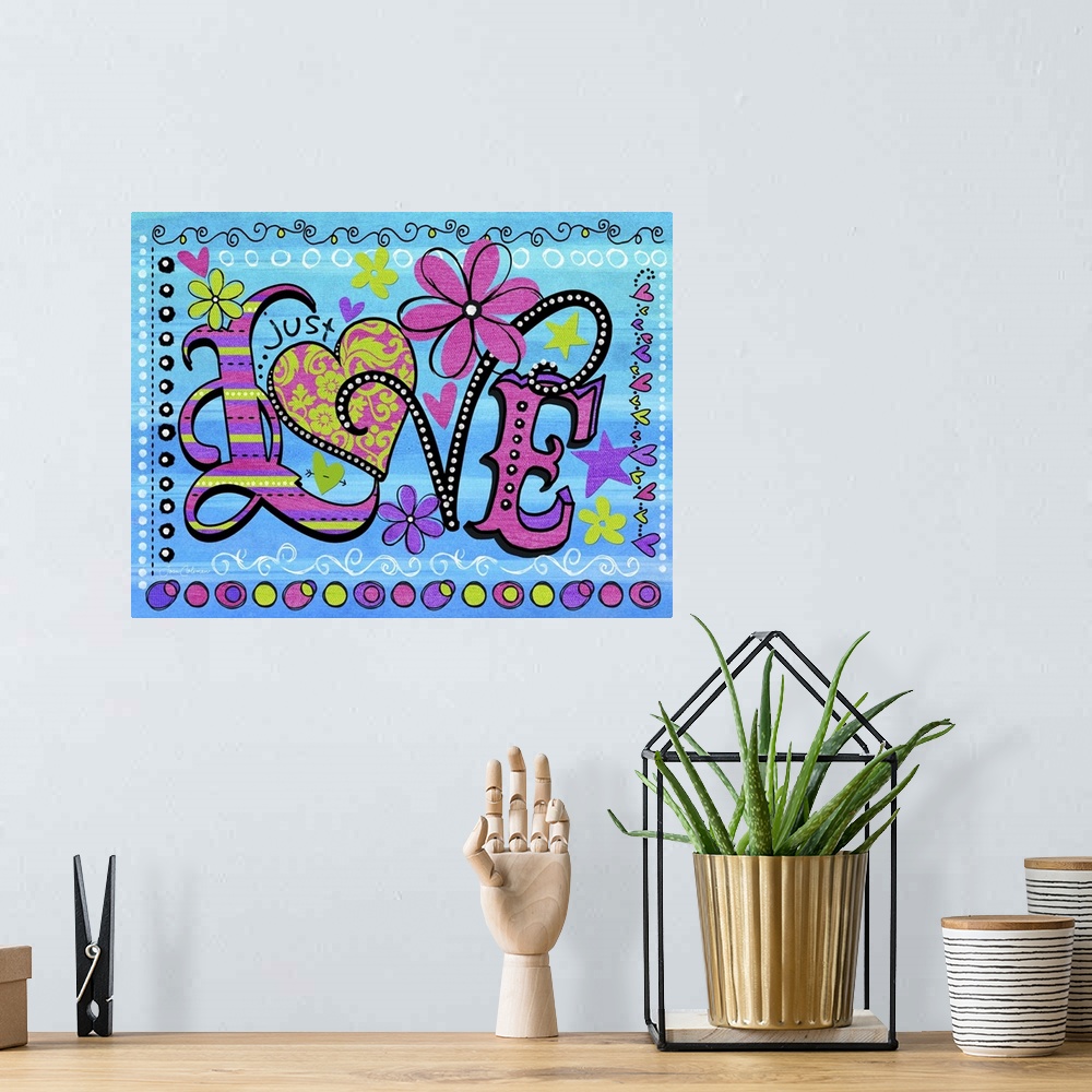A bohemian room featuring Bright colors and lovable letters make this art a great addition to any teen girl's room.