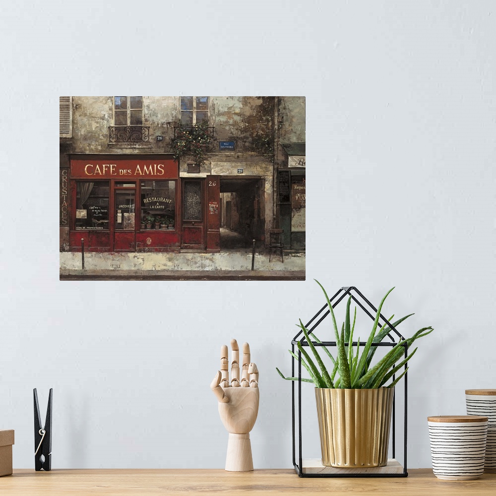 A bohemian room featuring Contemporary painting of a Cafe storefront downtown in a city.