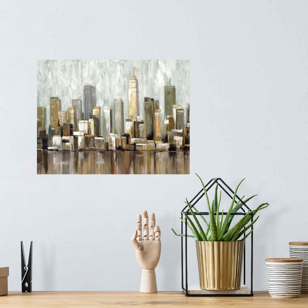 A bohemian room featuring Contemporary artwork of a city skyline casting a reflection in the river below.