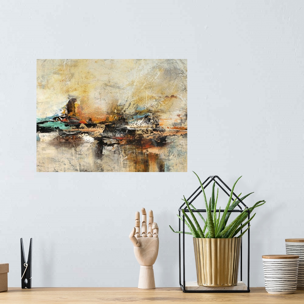 A bohemian room featuring Contemporary abstract art print with a heavy texture effect in coppery shades of orange and yello...