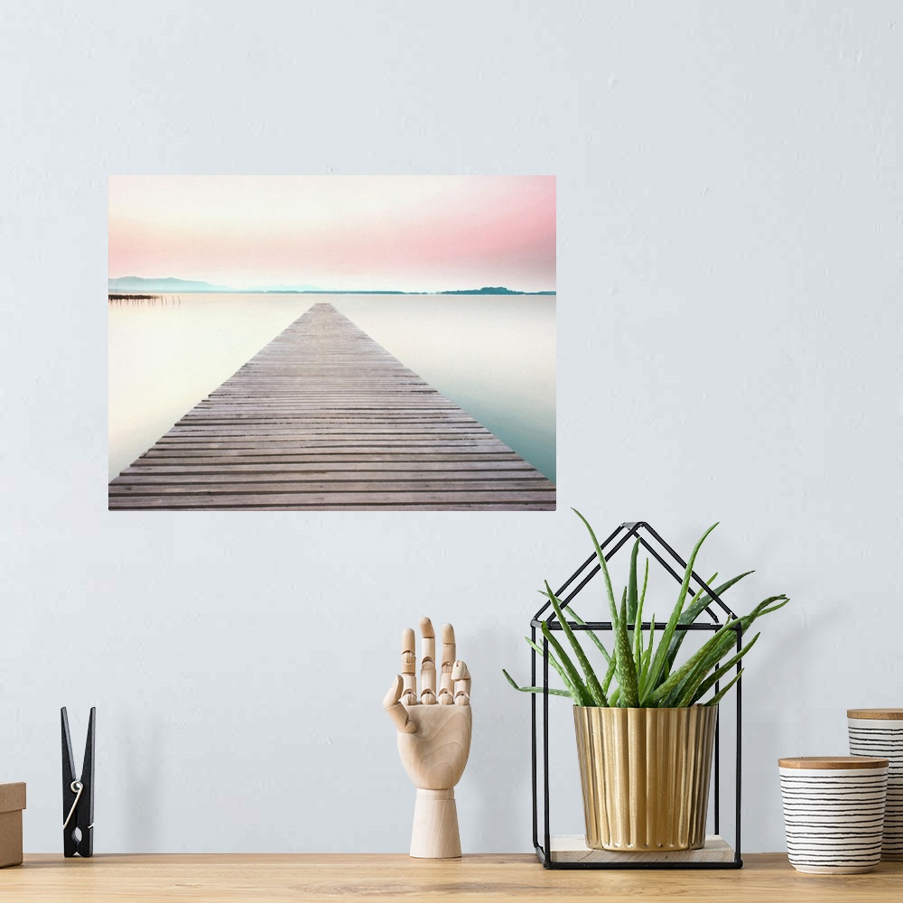 A bohemian room featuring Illustration of a wooden pier leading to the middle of a clam and peaceful lake with a pink sunse...