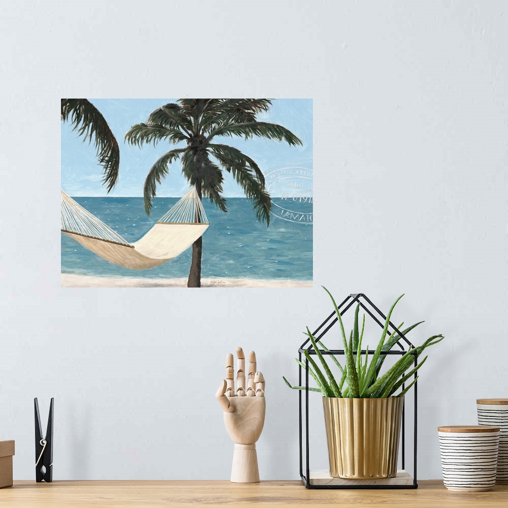 A bohemian room featuring Painting of a hammock hanging between two palm trees overlooking the ocean.