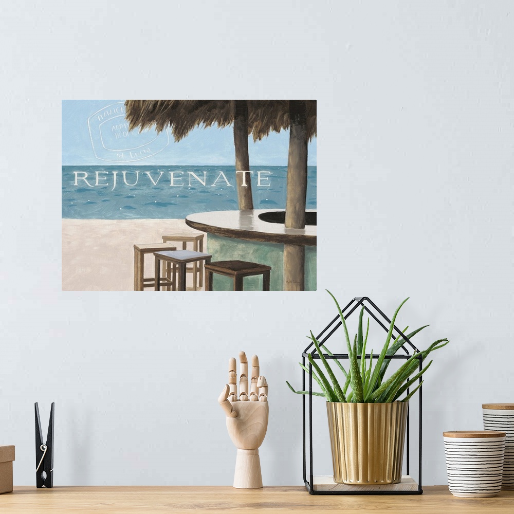 A bohemian room featuring Painting of a oceanside bar overlooking the water and sandy beach, with the word "Rejuvenate."