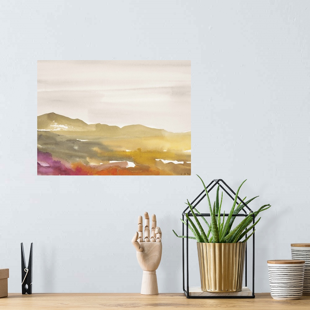 A bohemian room featuring Contemporary watercolor painting of a landscape.