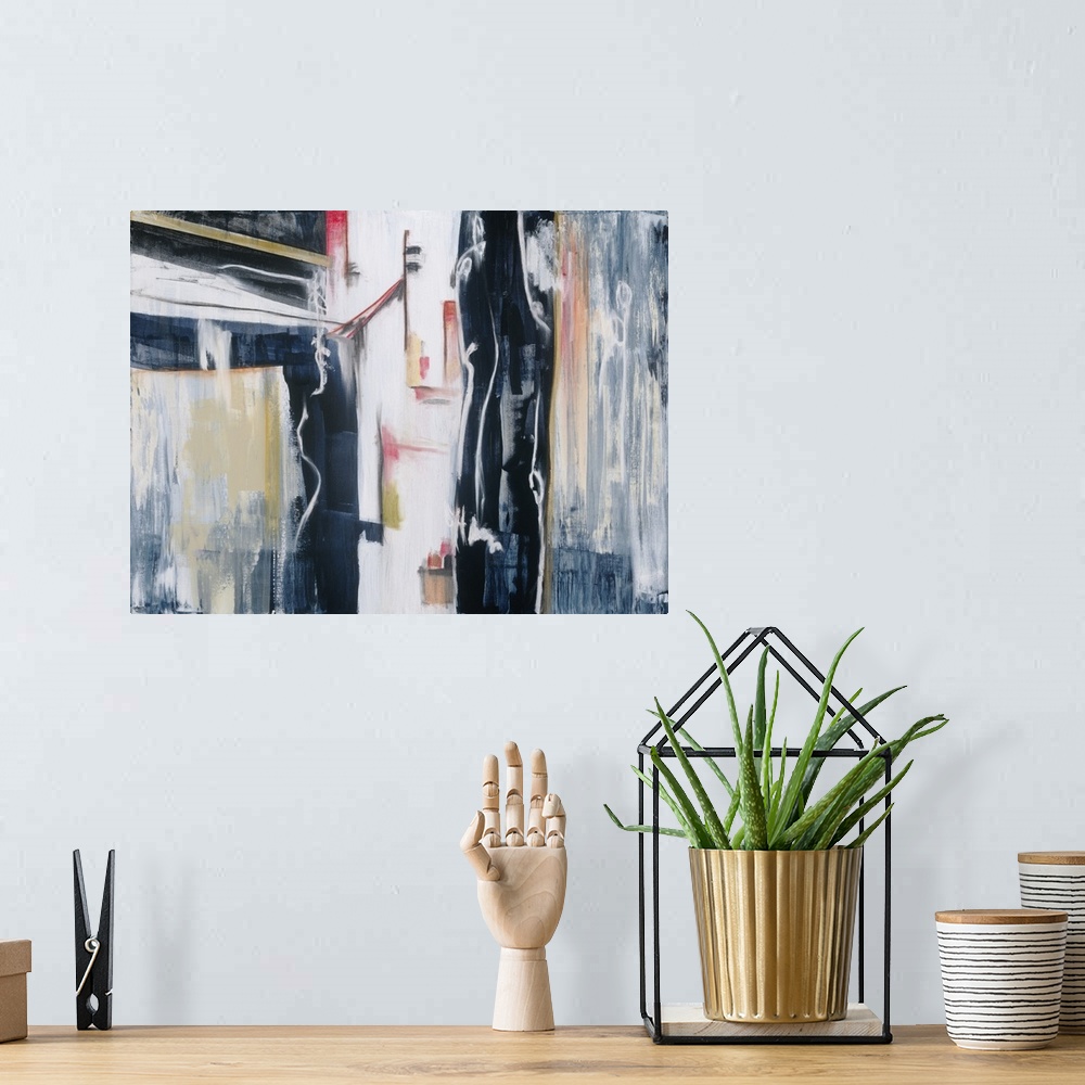 A bohemian room featuring Contemporary abstract painting using shapes and color resembling retro art.