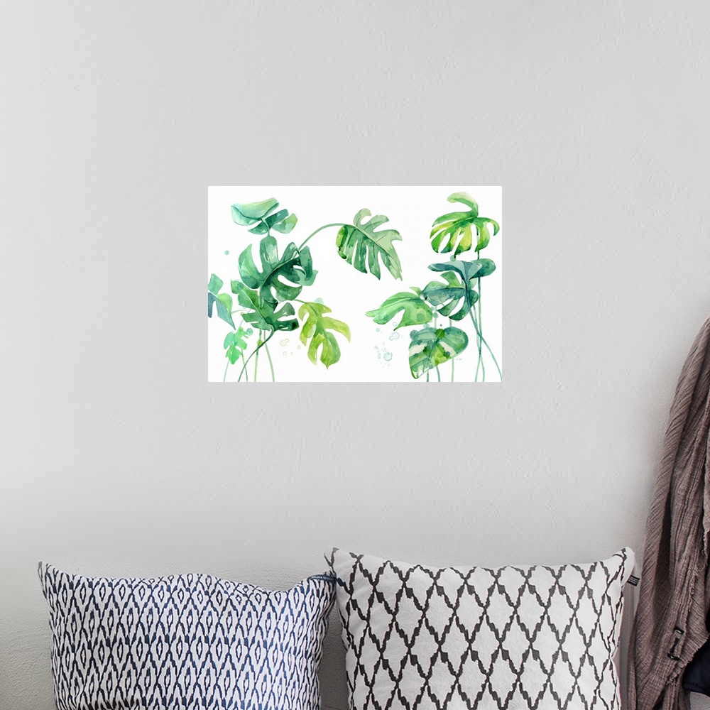 A bohemian room featuring Large painting of tropical palm leaves in shades of green and blue on a white background.