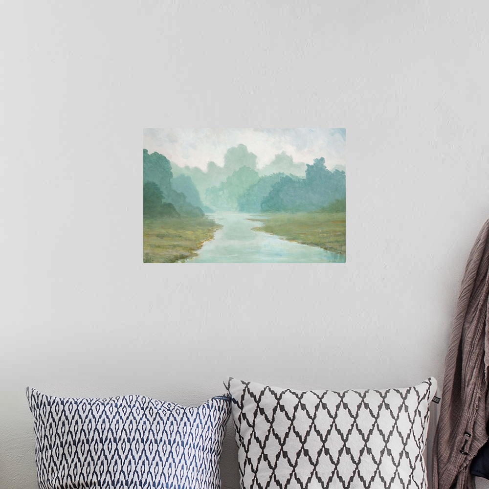 A bohemian room featuring Contemporary painting of a river in a field lined with trees on a misty morning.