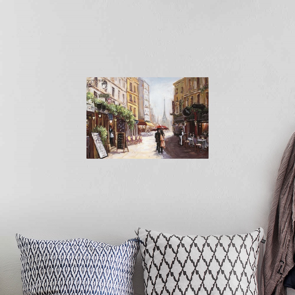 A bohemian room featuring Contemporary artwork of a couple in a loving embrace walking by a cafe in Paris.