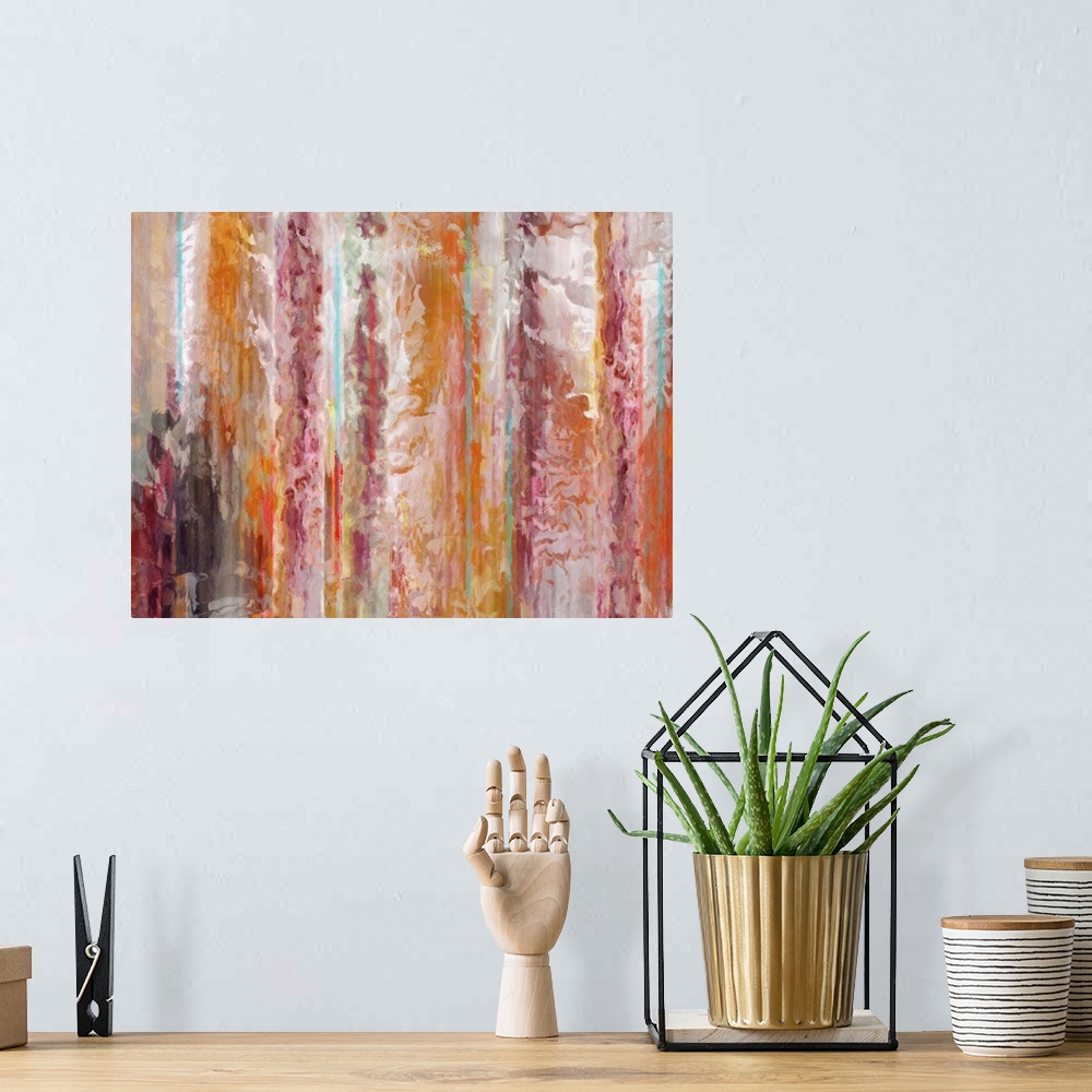 A bohemian room featuring Contemporary abstract painting using fiery warm tones.