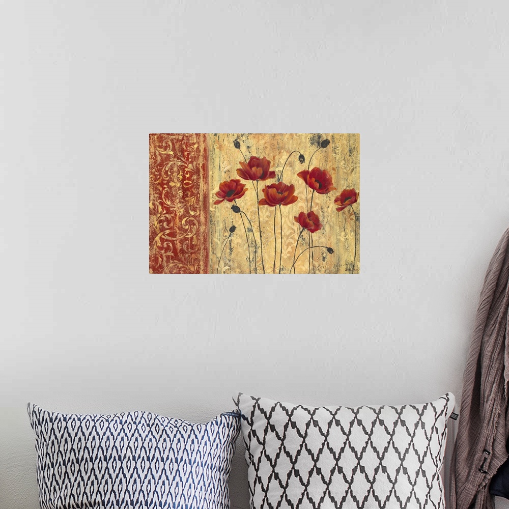 A bohemian room featuring Small group of painted anemone flowers on an earthy background with a red pattern on the side.